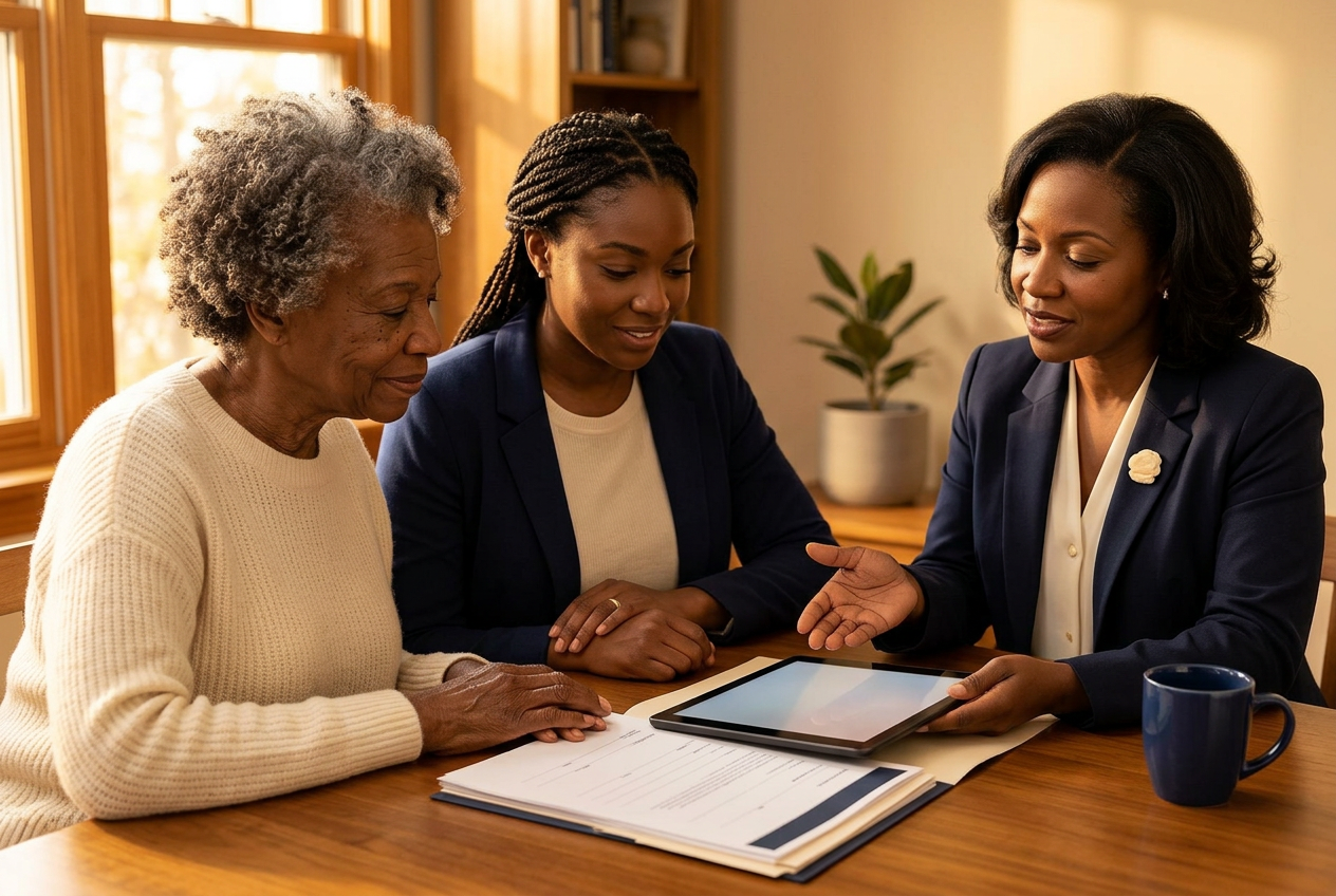 Multigenerational family reviewing probate documents with a supportive consultant in Newark, NJ
